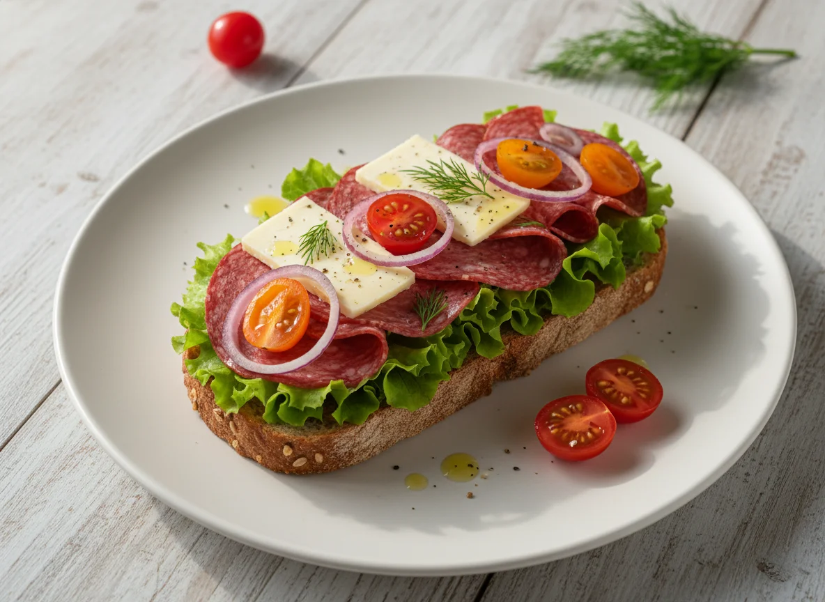 Бутерброд с салями и овощами photo