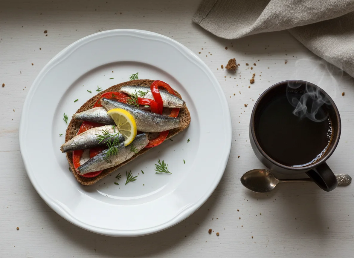 Бутерброд с сардинами и кофе photo