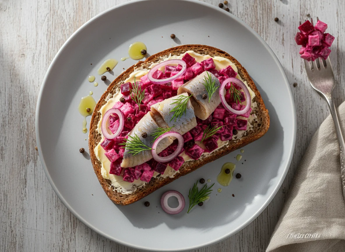 Бутерброд с сельдью и свекольным салатом photo