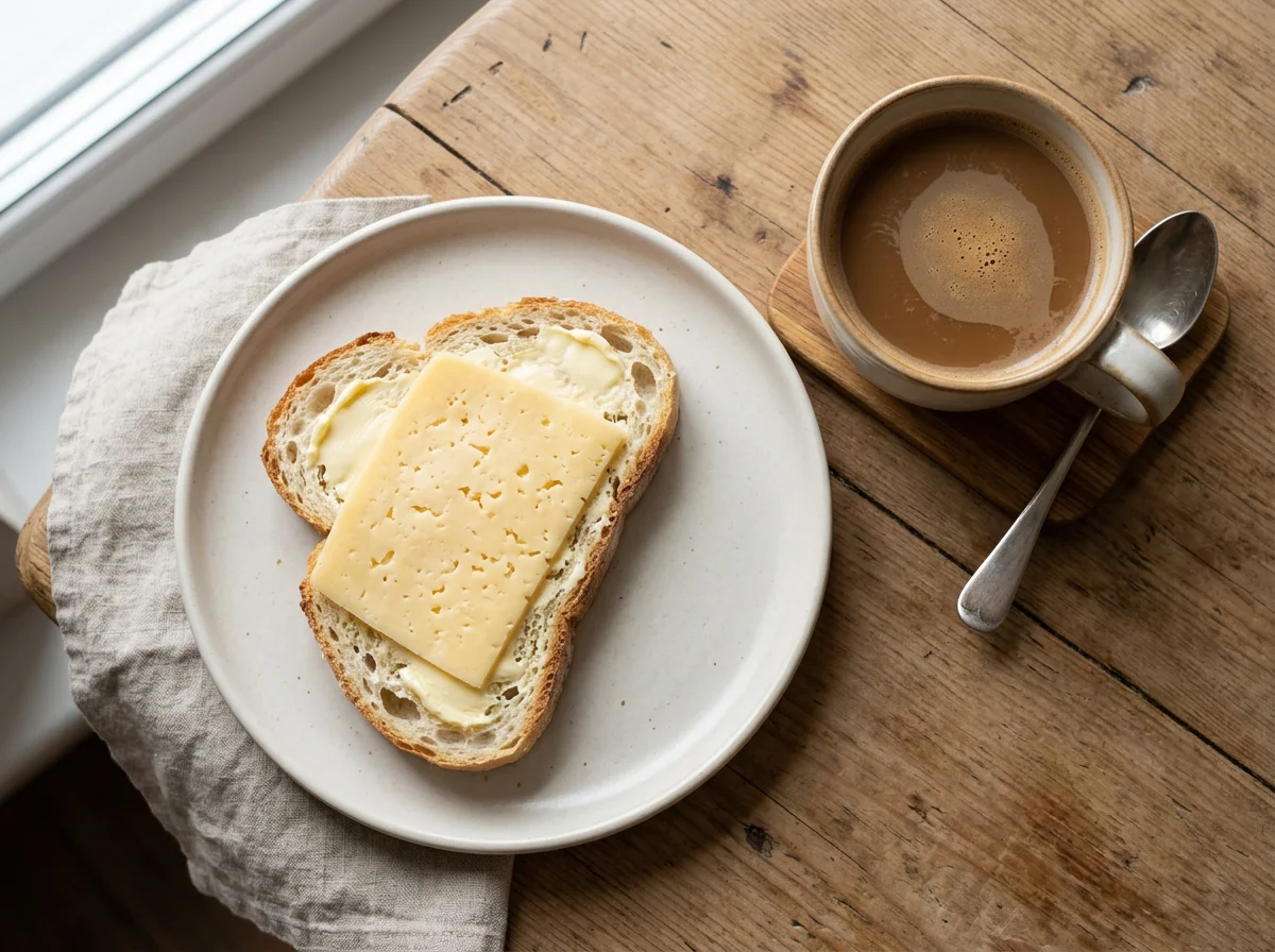 Бутерброд с сыром и кофе с молоком photo