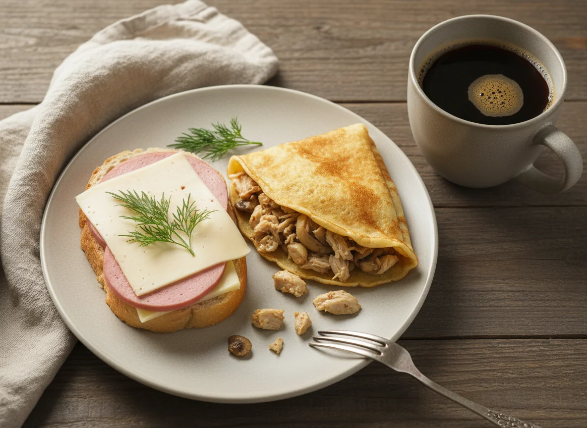 Бутерброд с сыром и колбасой, блинчик с курицей и грибами и кофе photo