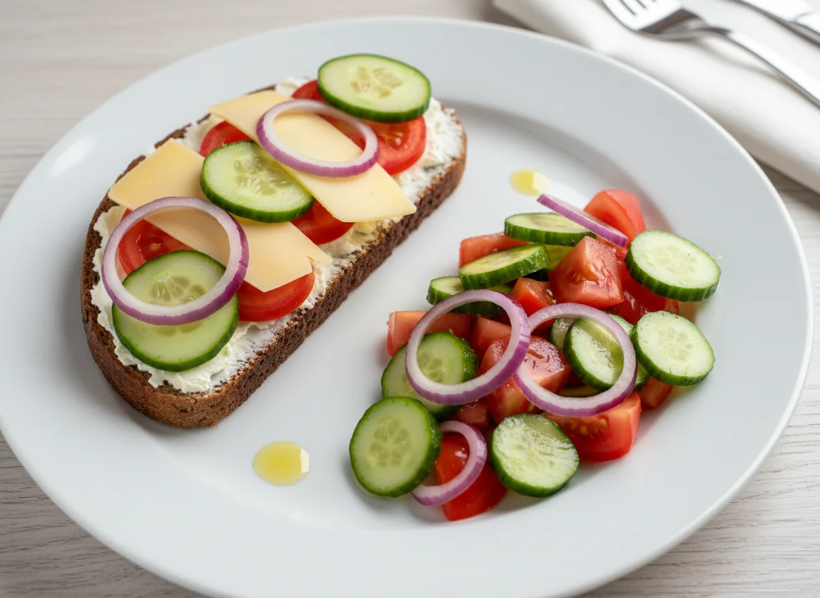 Бутерброд с сыром и овощной салат photo