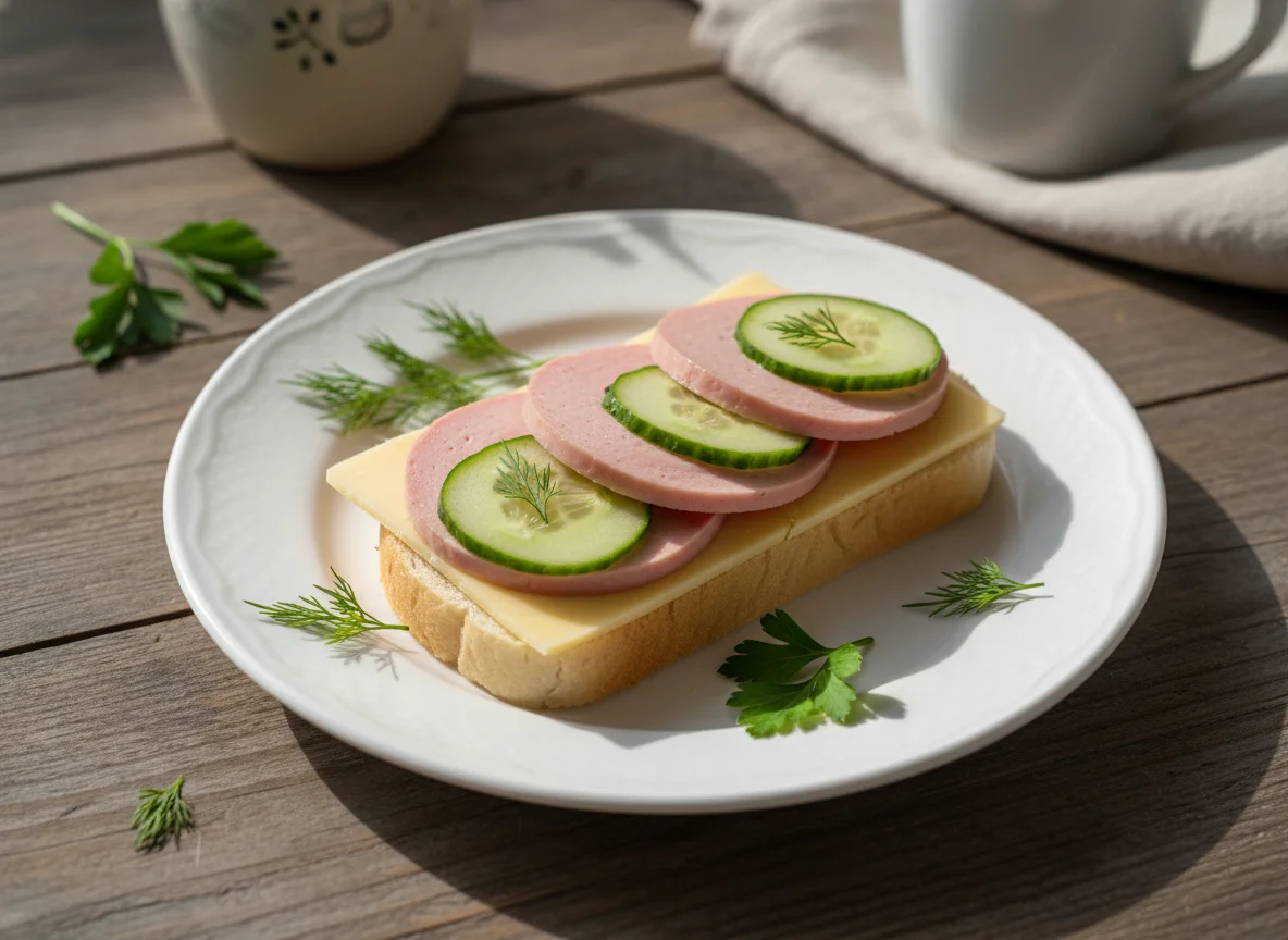 Бутерброд с сыром, колбасой и огурцом photo