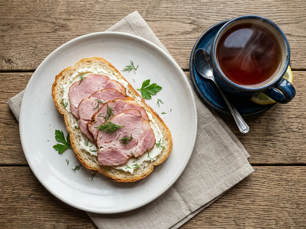 Бутерброд с ветчиной и чай photo
