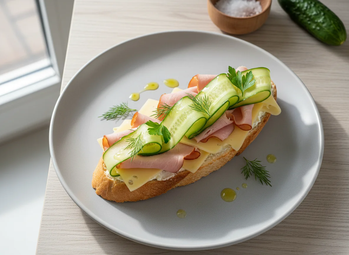 Бутерброд с ветчиной, сыром и огурцом photo