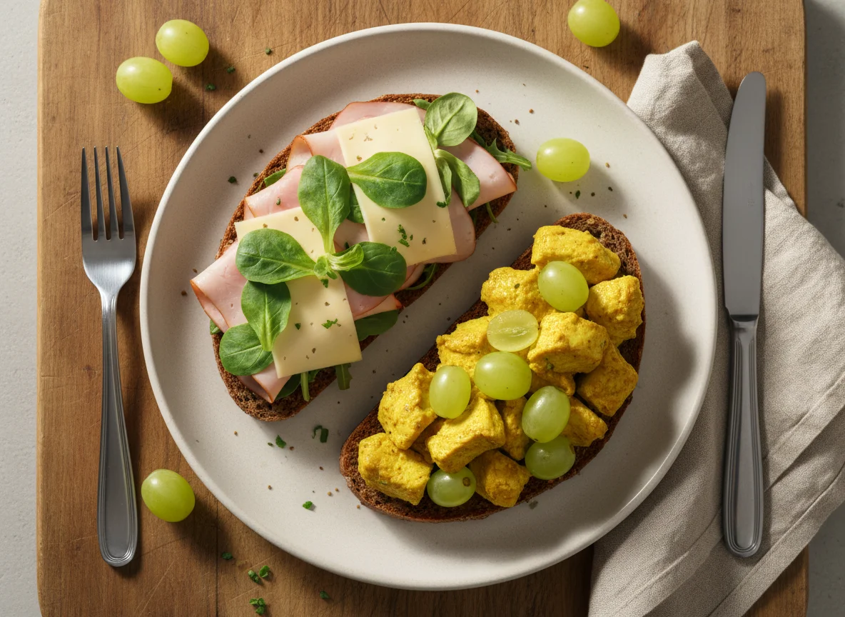 Бутерброд с ветчиной, сыром, курицей карри и виноградом photo