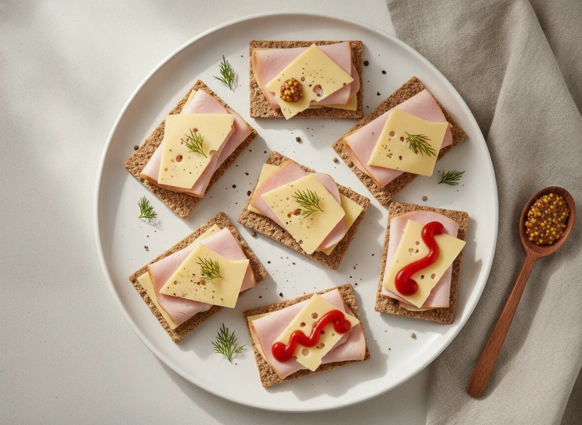 Бутерброды на хлебцах с ветчиной и сыром photo