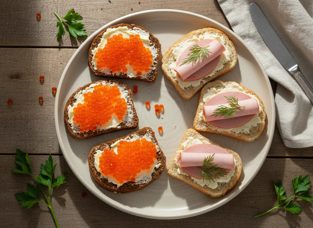Бутерброды с икрой и колбасой photo