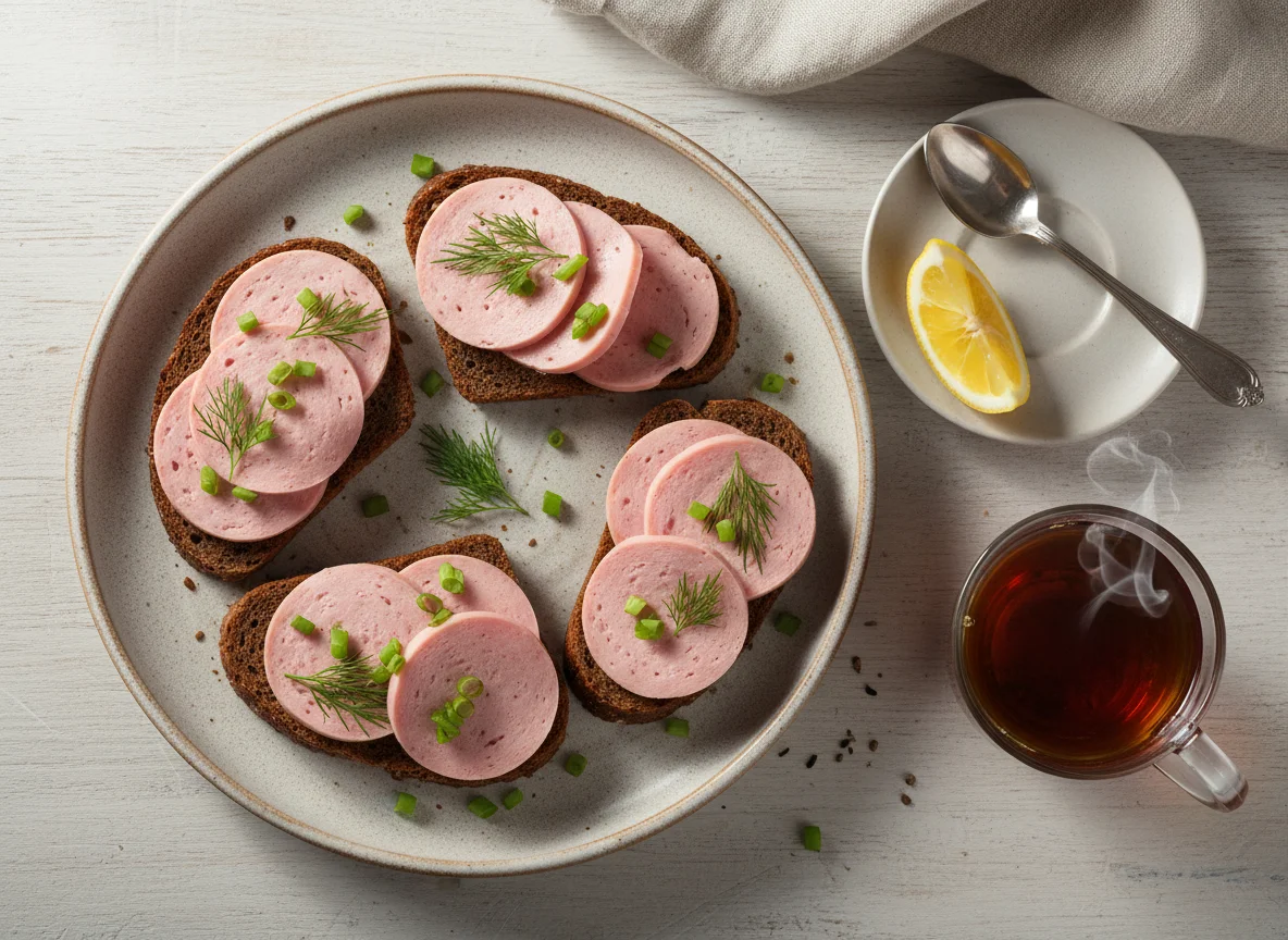 Бутерброды с колбасой и чай photo