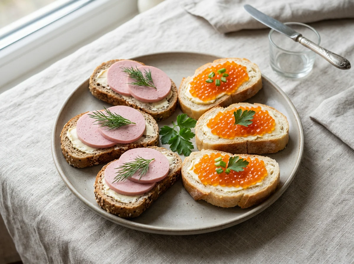 Бутерброды с колбасой и икрой photo