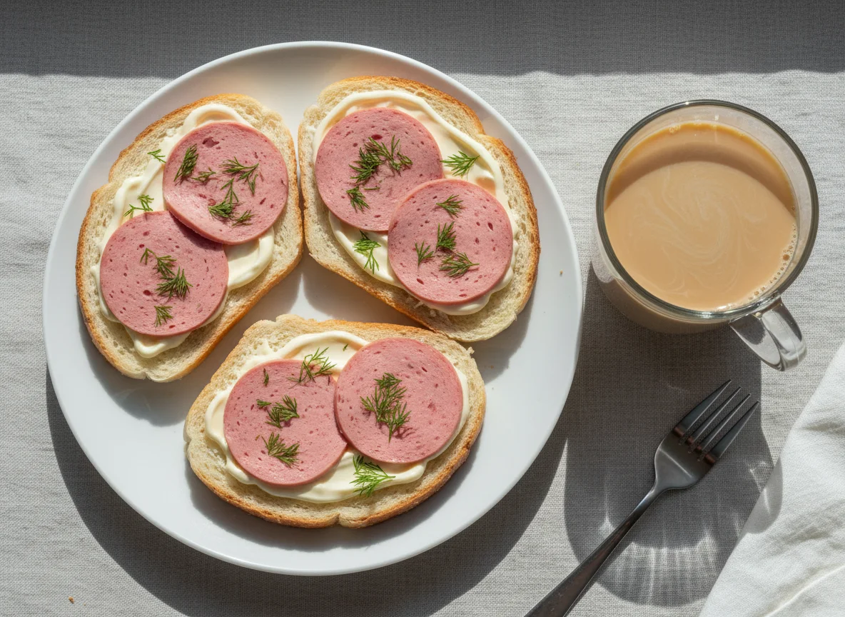 Бутерброды с колбасой и напиток photo