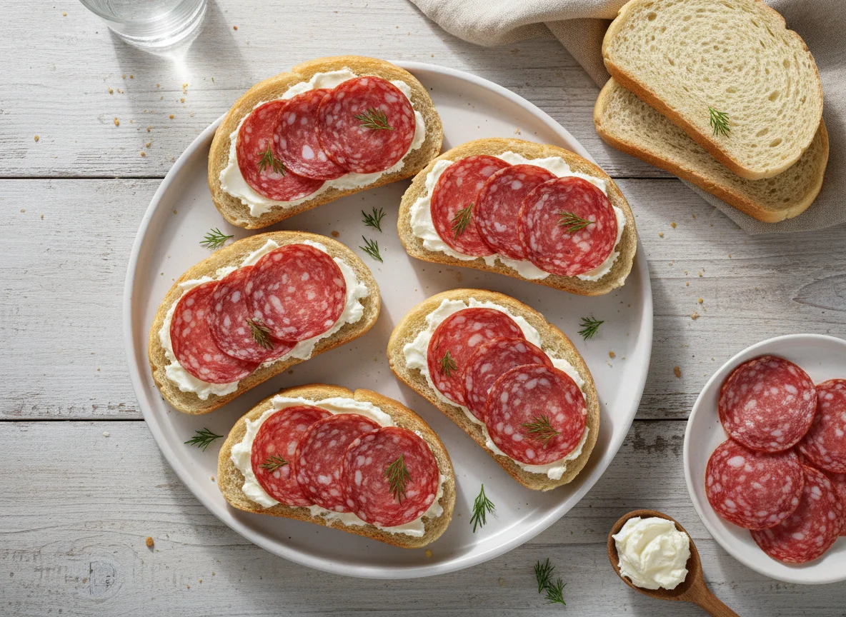 Бутерброды с колбасой и сливочным сыром photo