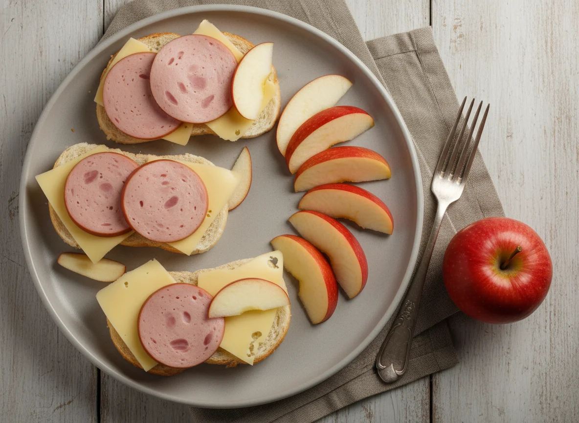 Бутерброды с колбасой и сыром, яблоко photo
