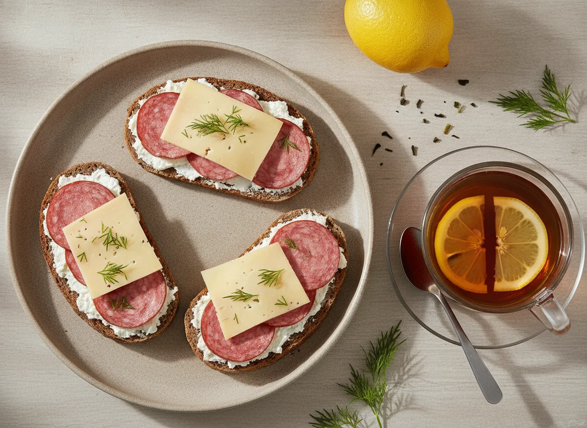 Бутерброды с колбасой и сыром, чай с лимоном photo
