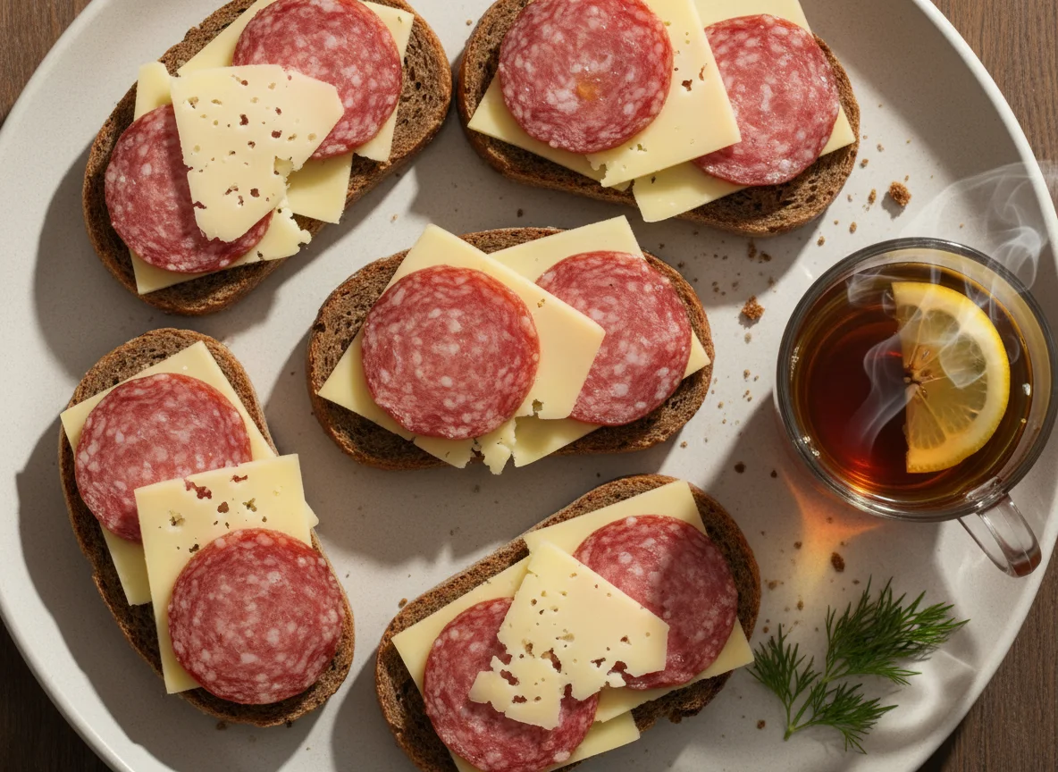 Бутерброды с колбасой и сыром и чай photo