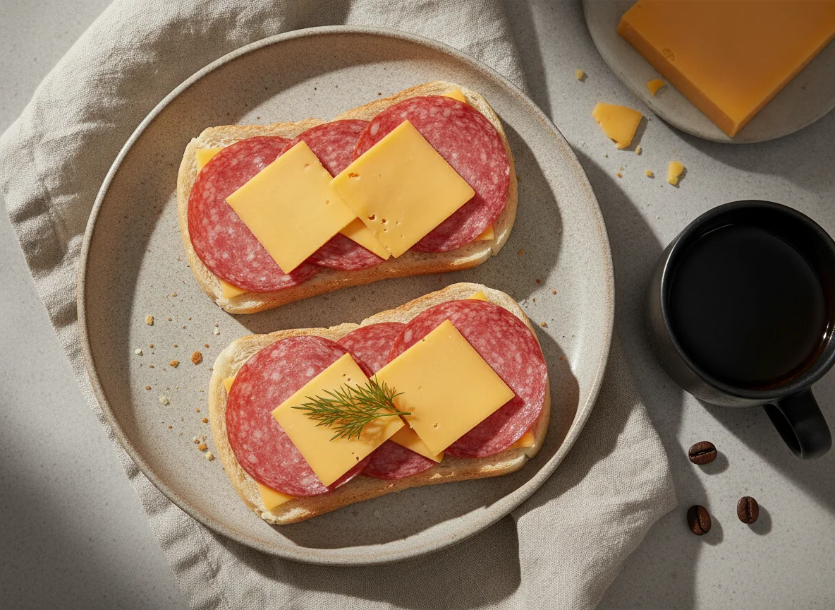Бутерброды с колбасой и сыром и черный кофе photo