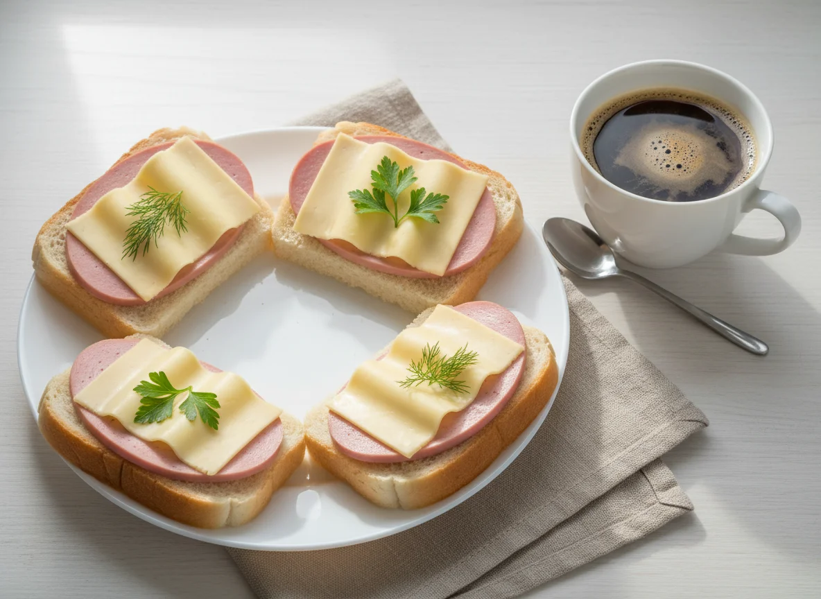 Бутерброды с колбасой и сыром и кофе photo