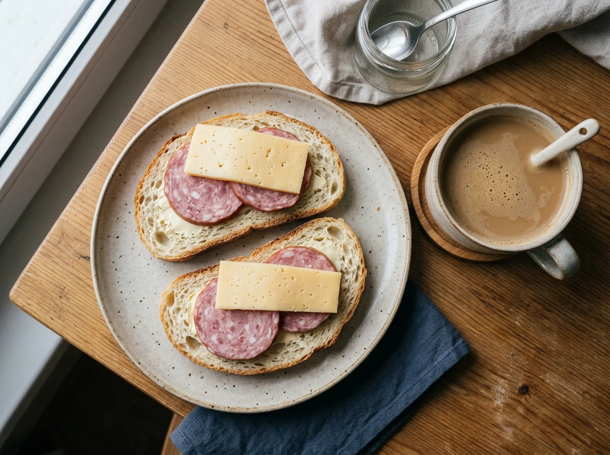 Бутерброды с колбасой и сыром и напиток photo