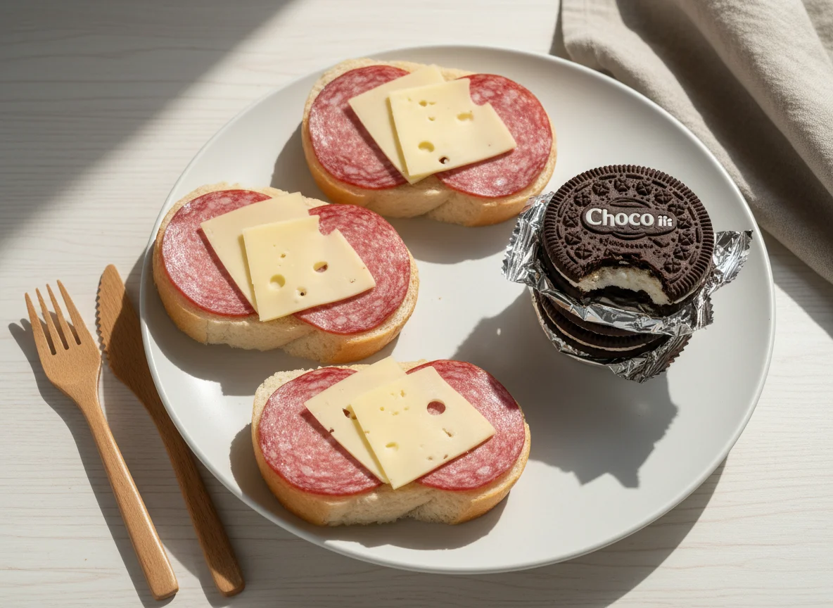 Бутерброды с колбасой и сыром и пирожное Choco Pie photo