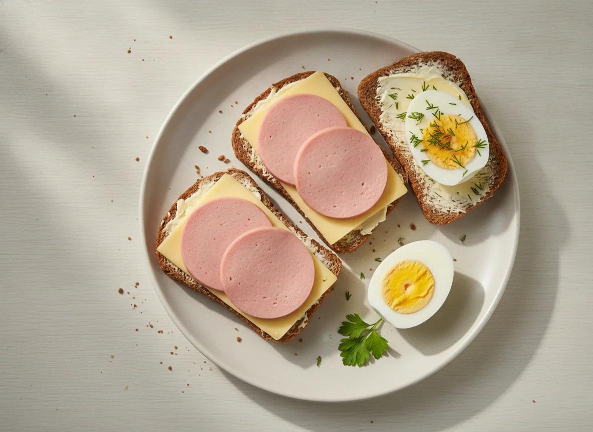 Бутерброды с колбасой и сыром и вареное яйцо photo