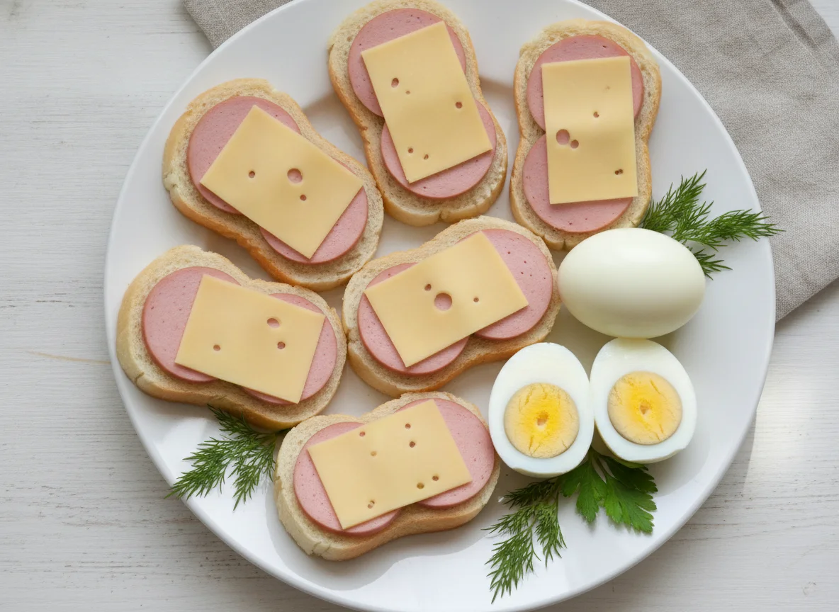 Бутерброды с колбасой и сыром и вареные яйца photo