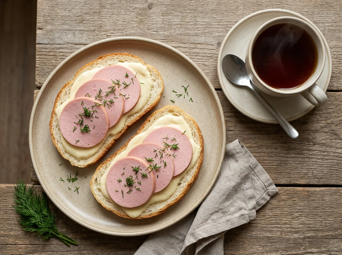 Бутерброды с колбасой и сыром с чаем photo