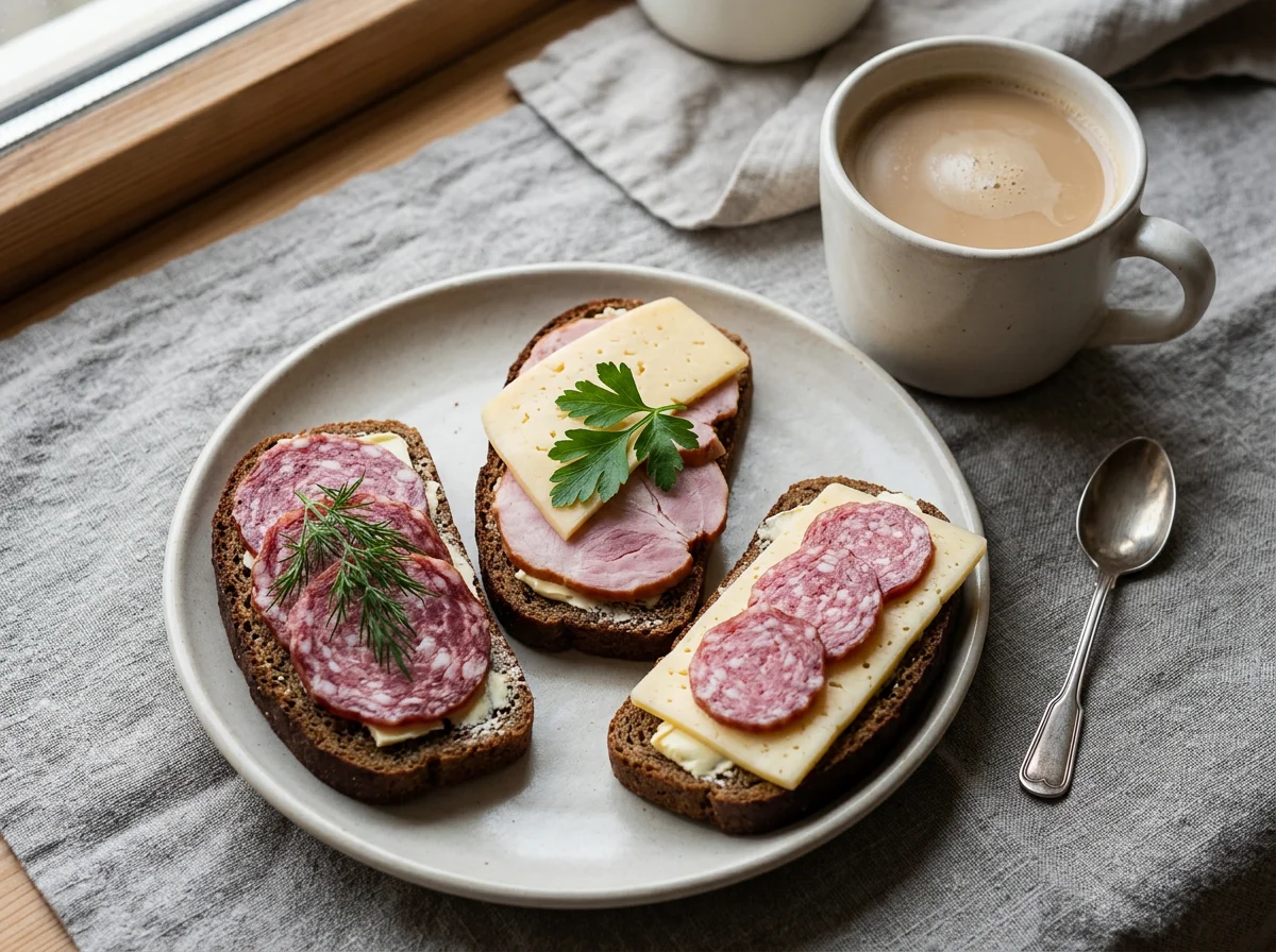 Бутерброды с колбасой, сыром и кофе с молоком photo