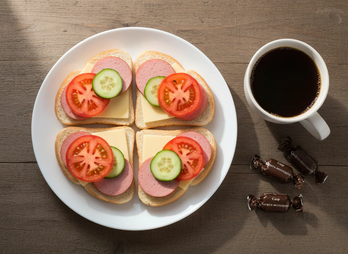 Бутерброды с колбасой, сыром и овощами с кофе и конфетами photo