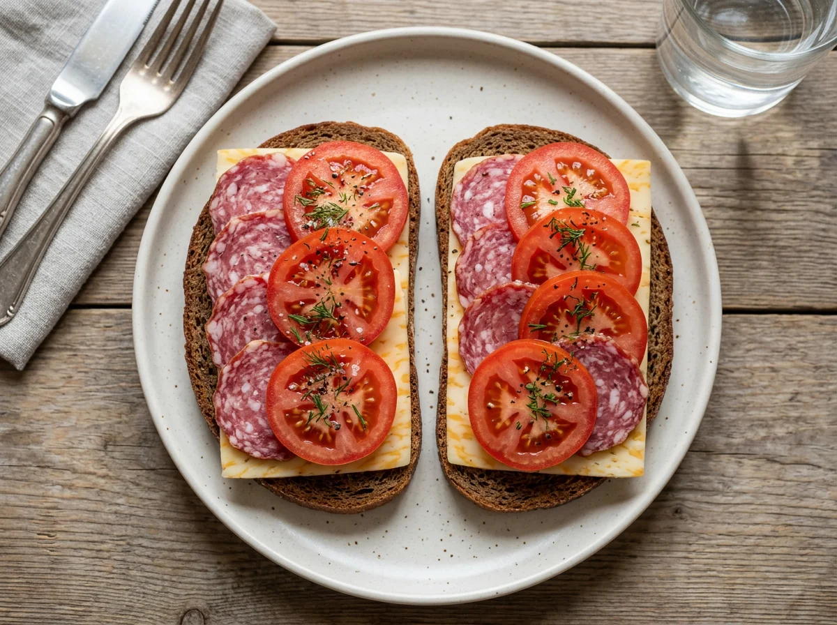 Бутерброды с колбасой, сыром и помидорами photo