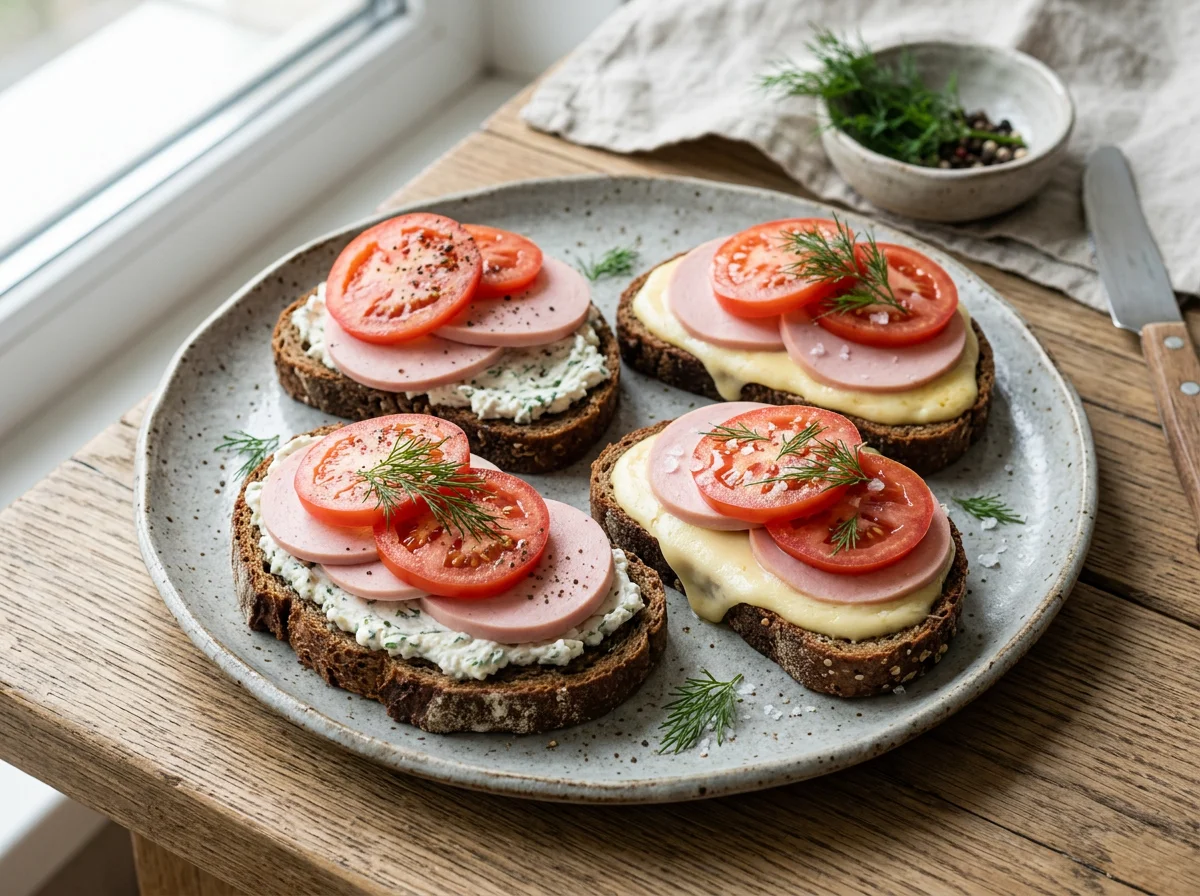 Бутерброды с колбасой, сыром и помидором photo