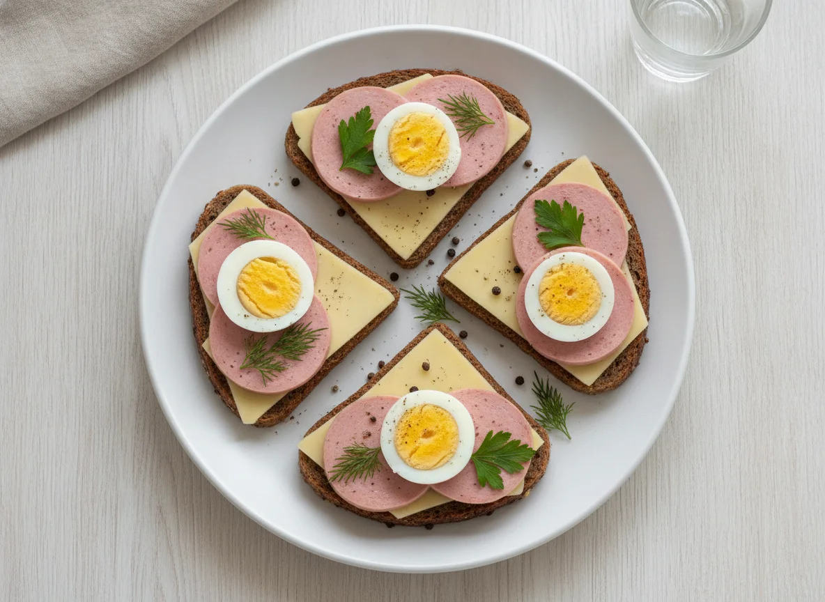 Бутерброды с колбасой, сыром и вареные яйца photo
