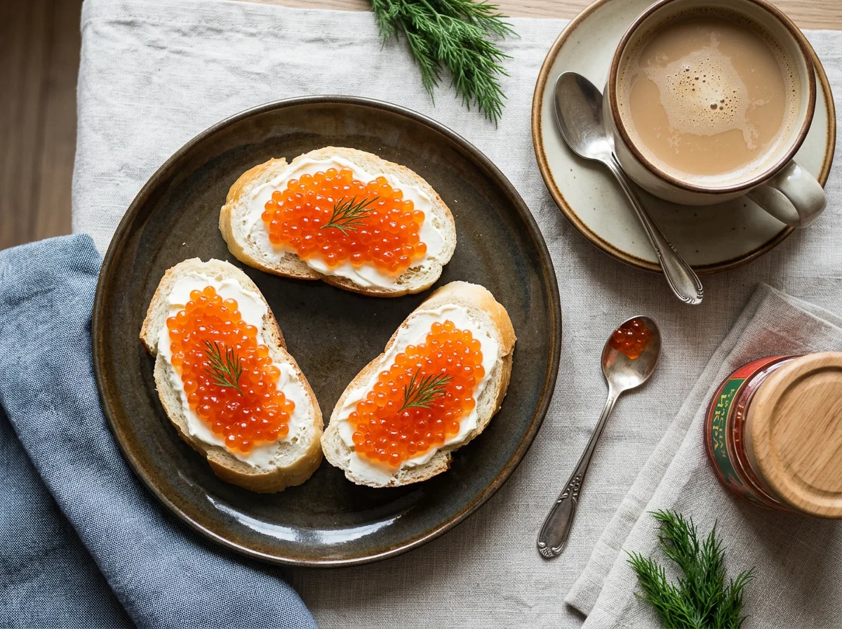 Бутерброды с красной икрой и кофе photo