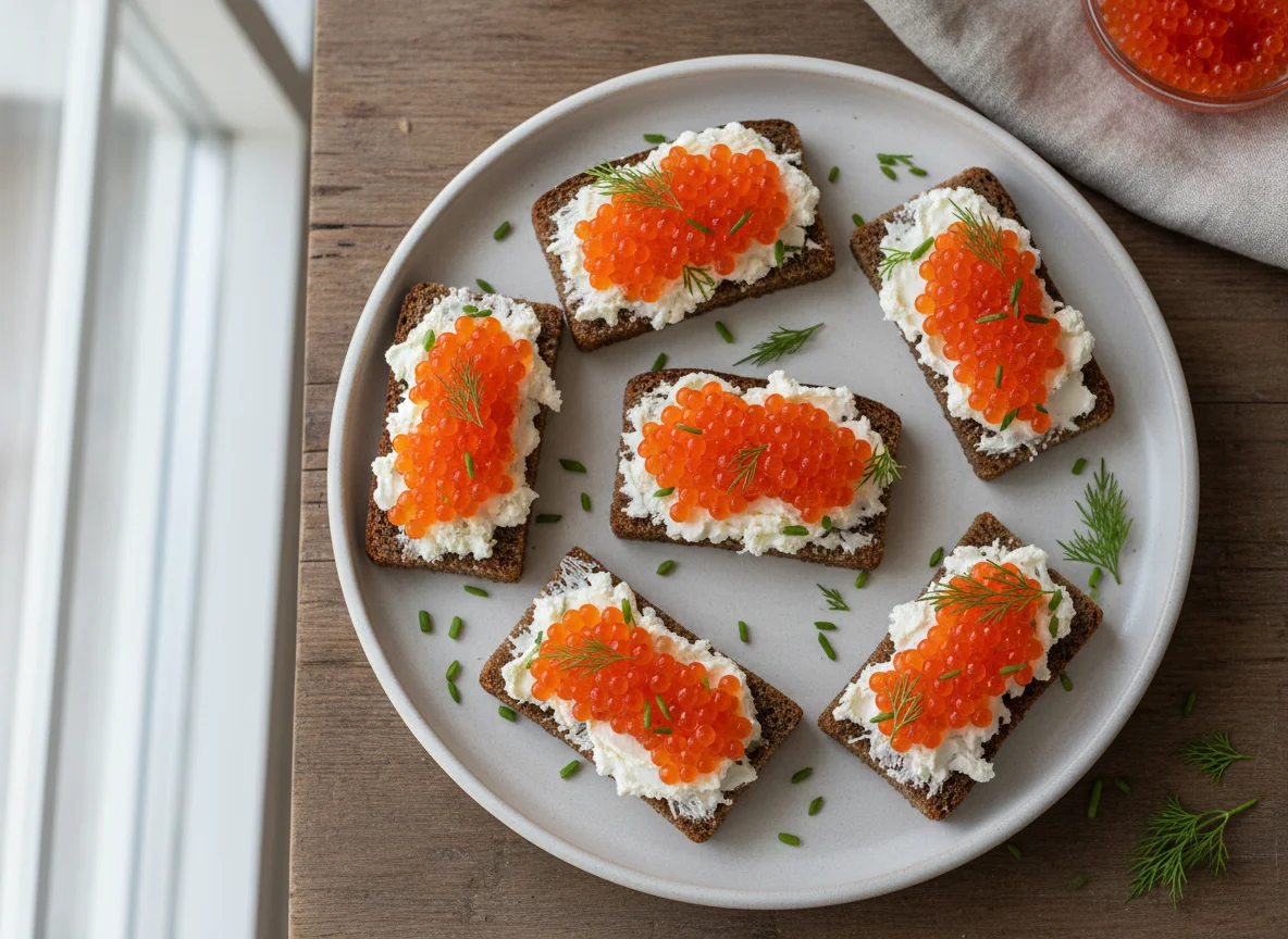 Бутерброды с красной икрой и сливочным сыром photo
