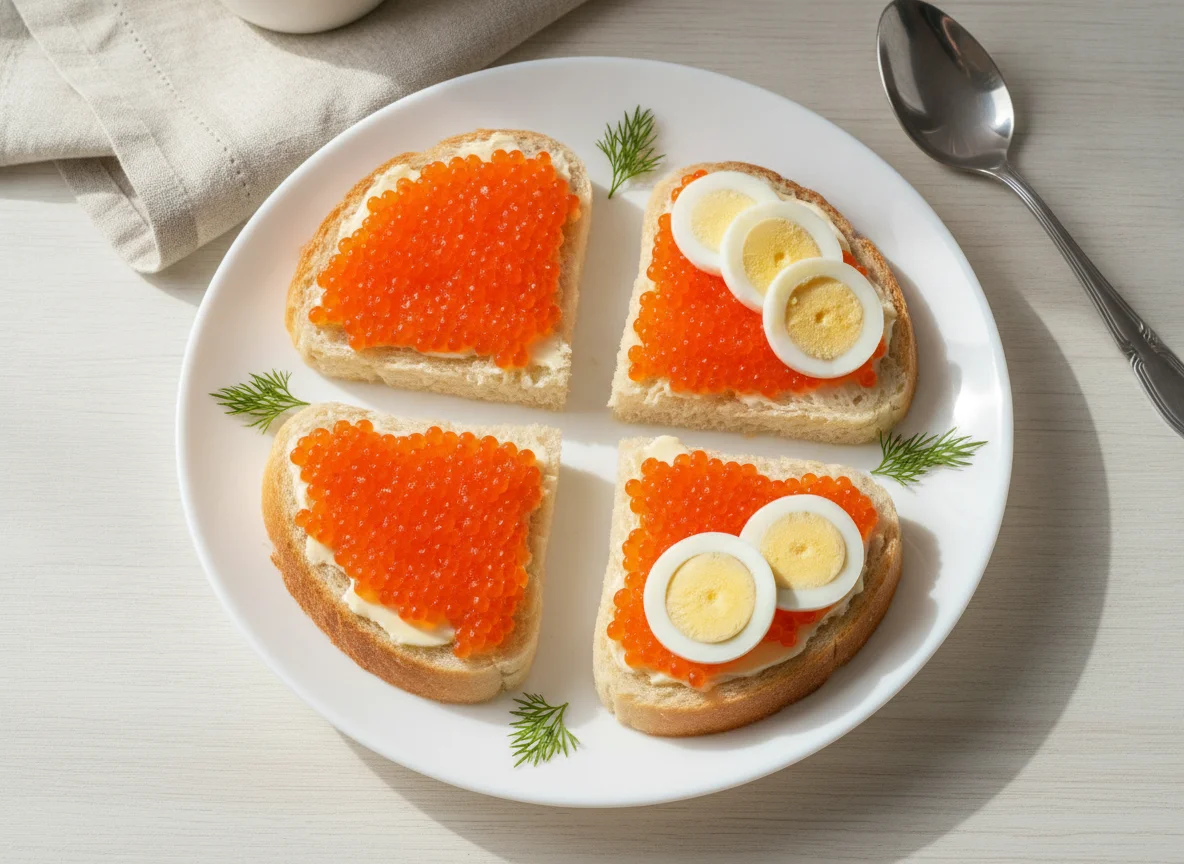 Бутерброды с красной икрой и вареное яйцо photo