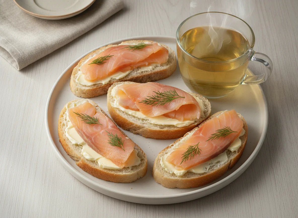 Бутерброды с красной рыбой и чай photo