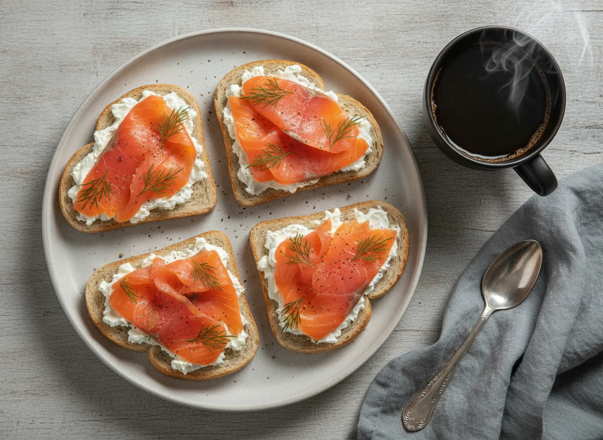 Бутерброды с красной рыбой и кофе photo