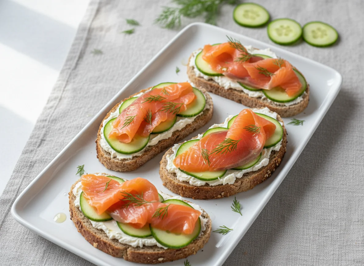 Бутерброды с красной рыбой и огурцами photo