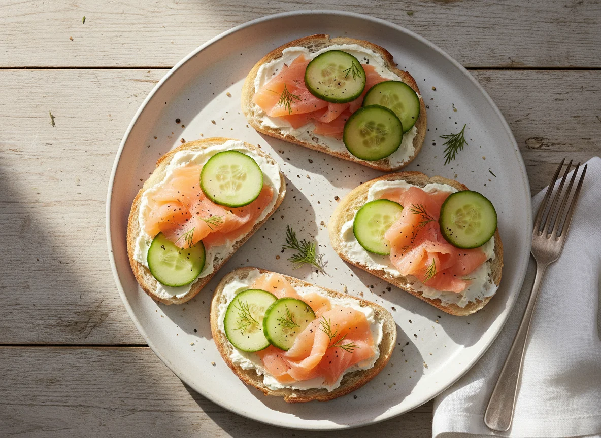 Бутерброды с красной рыбой, сливочным сыром и огурцом photo