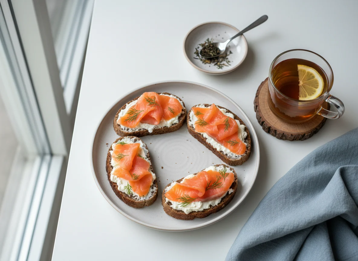 Бутерброды с лососем и чай photo