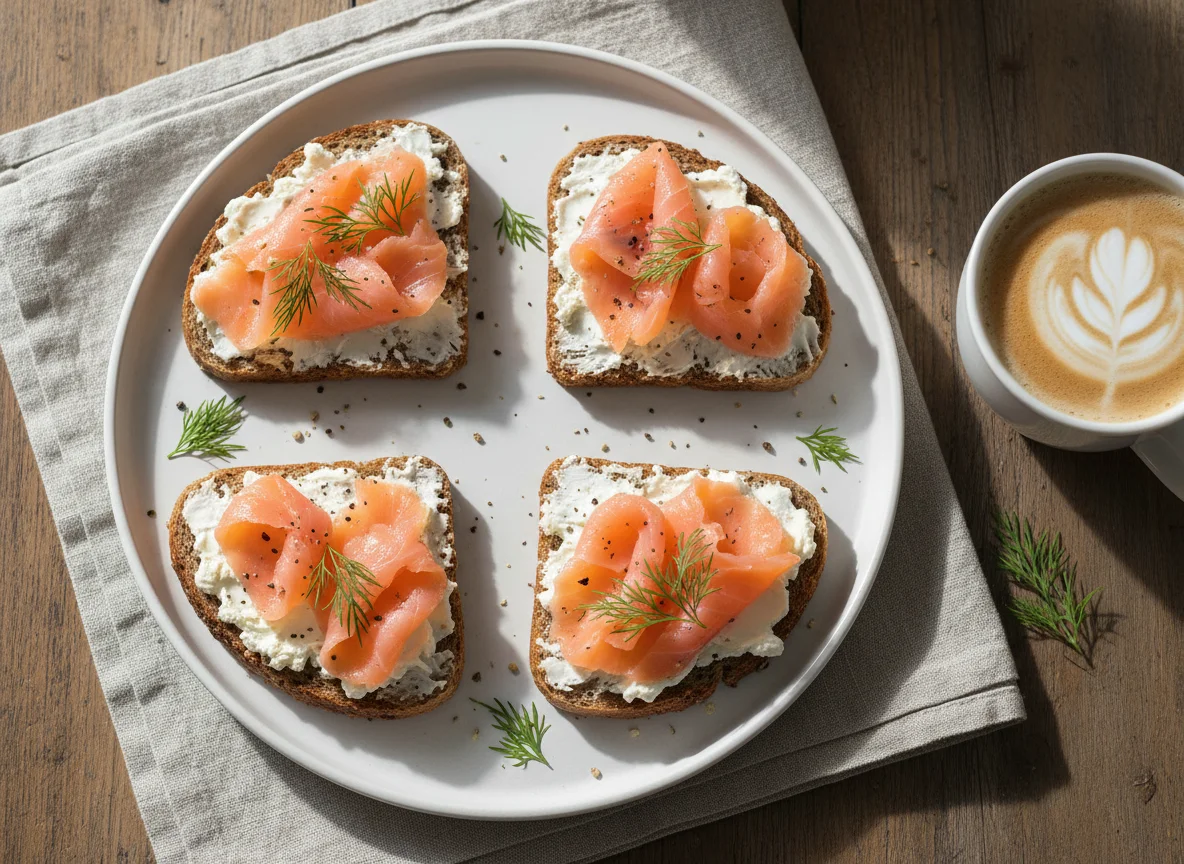 Бутерброды с лососем и кофе с молоком photo