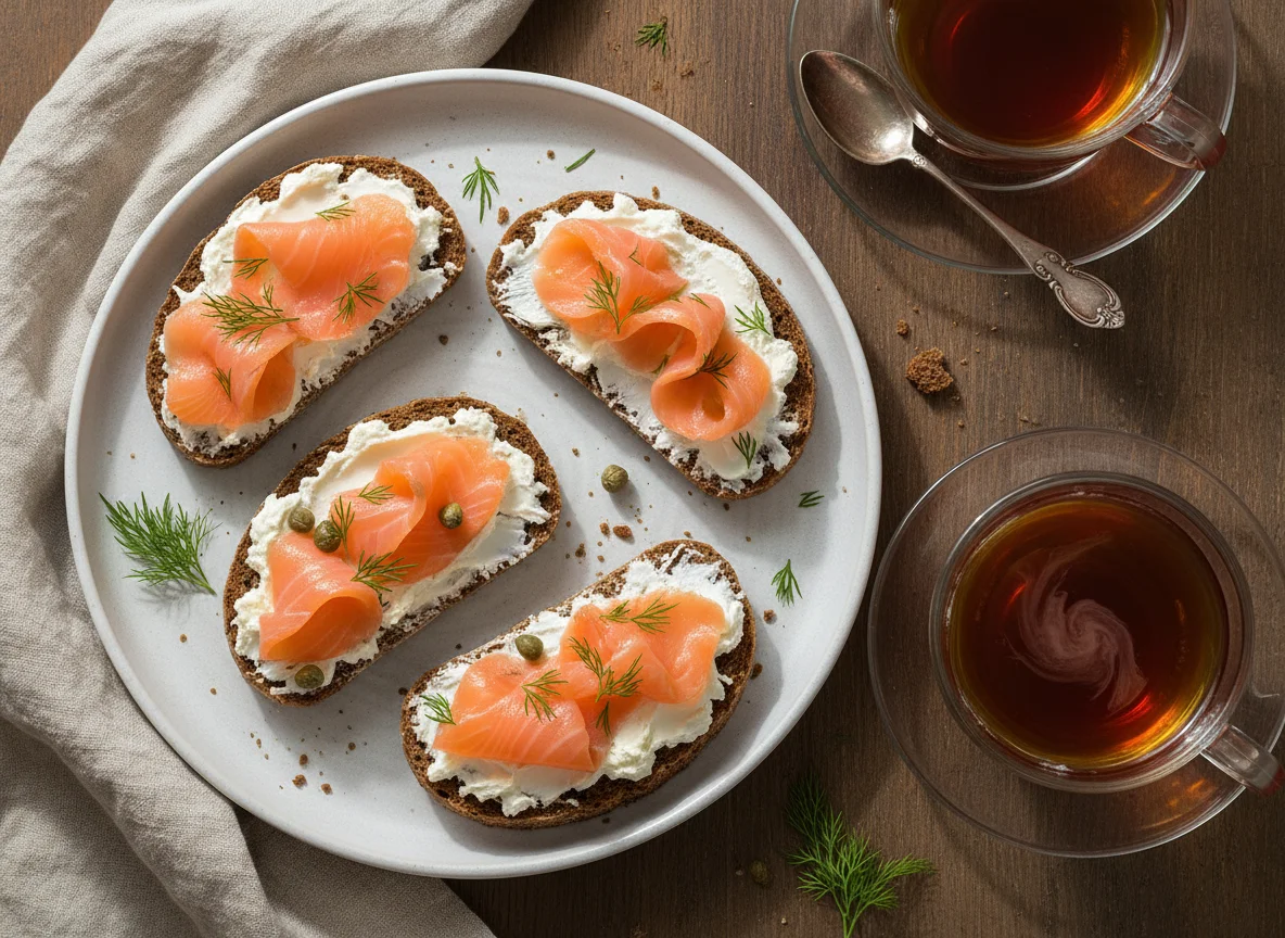 Бутерброды с лососем и сливочным сыром с чаем photo