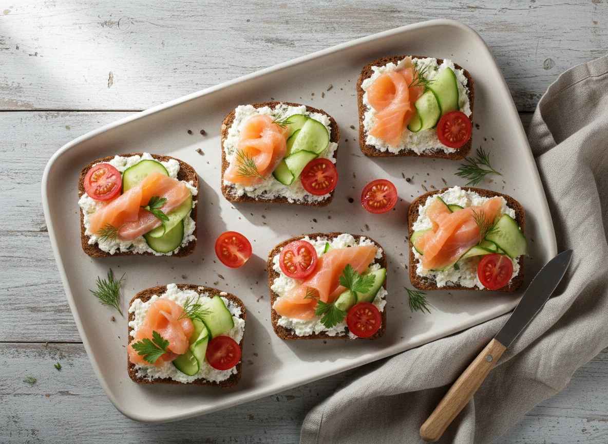 Бутерброды с лососем, творожным сыром и овощами photo