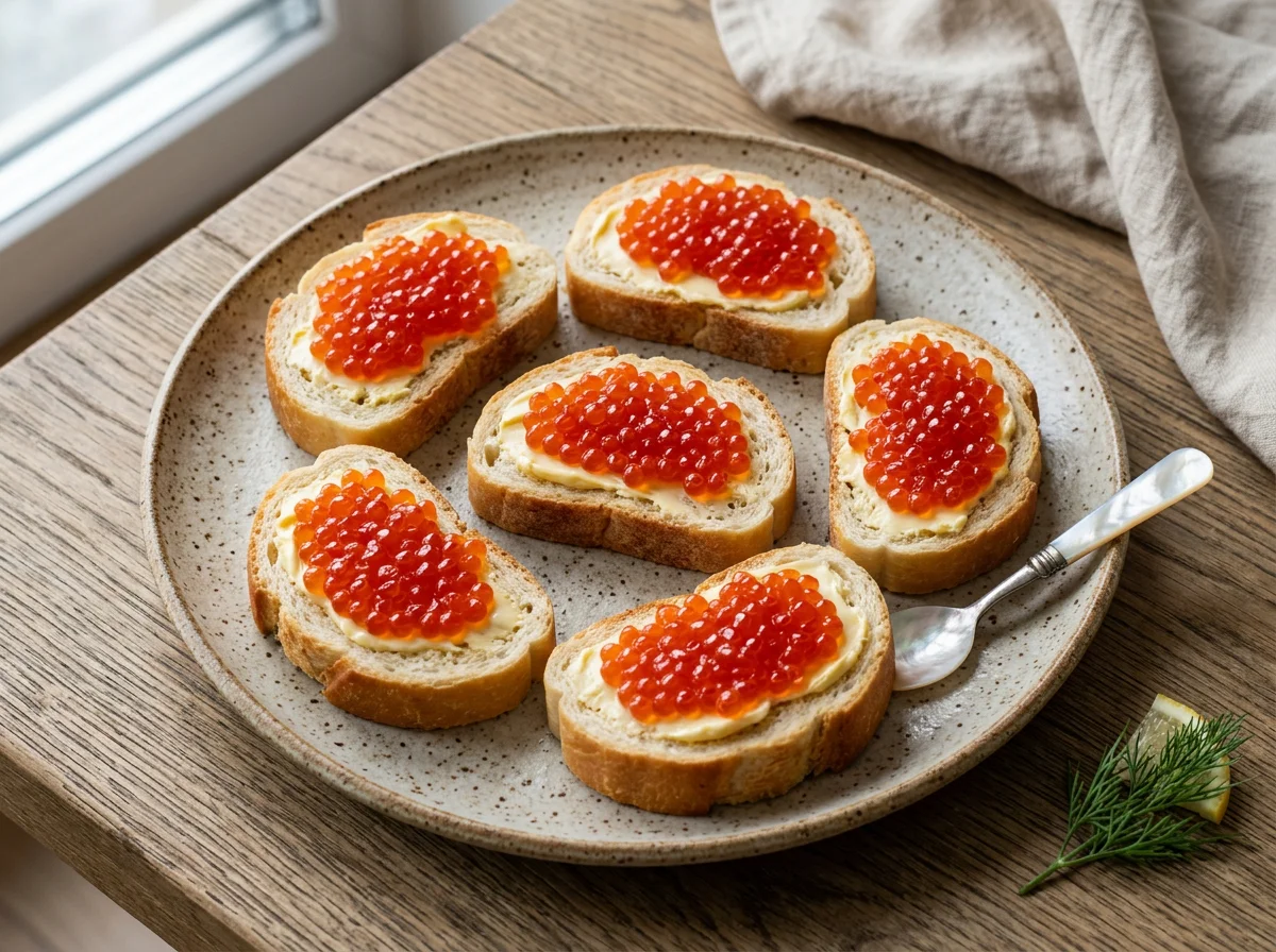 Бутерброды с маслом и красной икрой photo