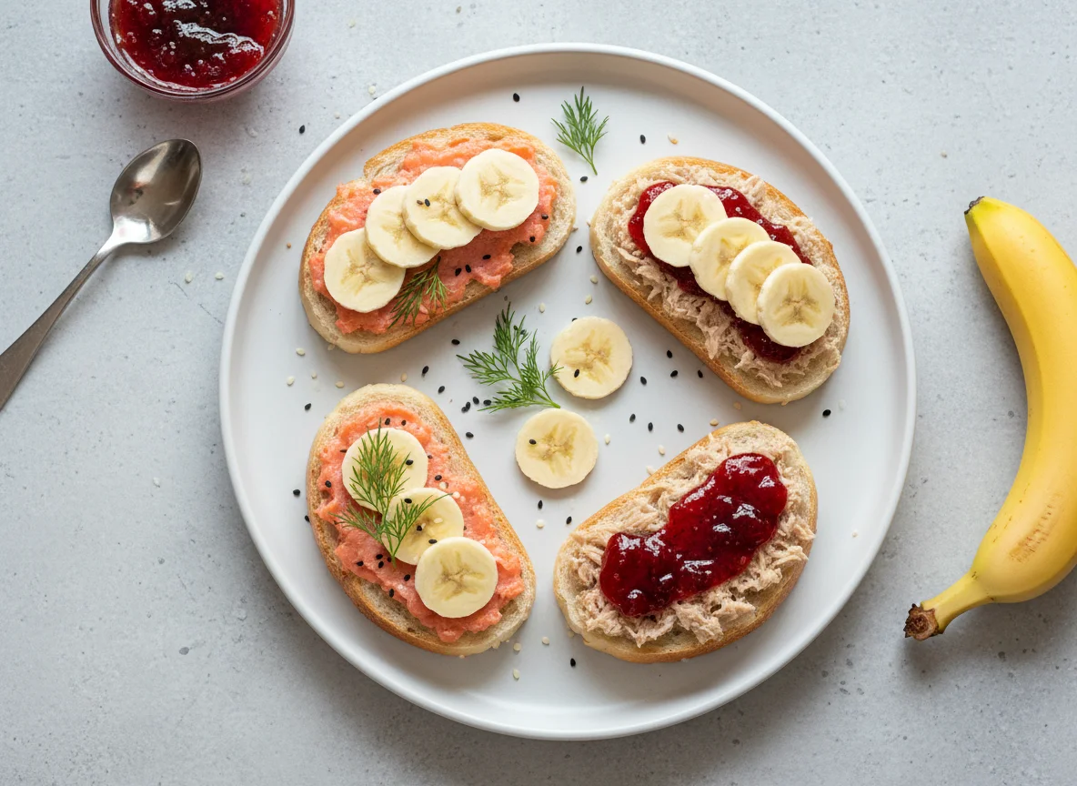 Бутерброды с паштетом и джемом с бананом photo