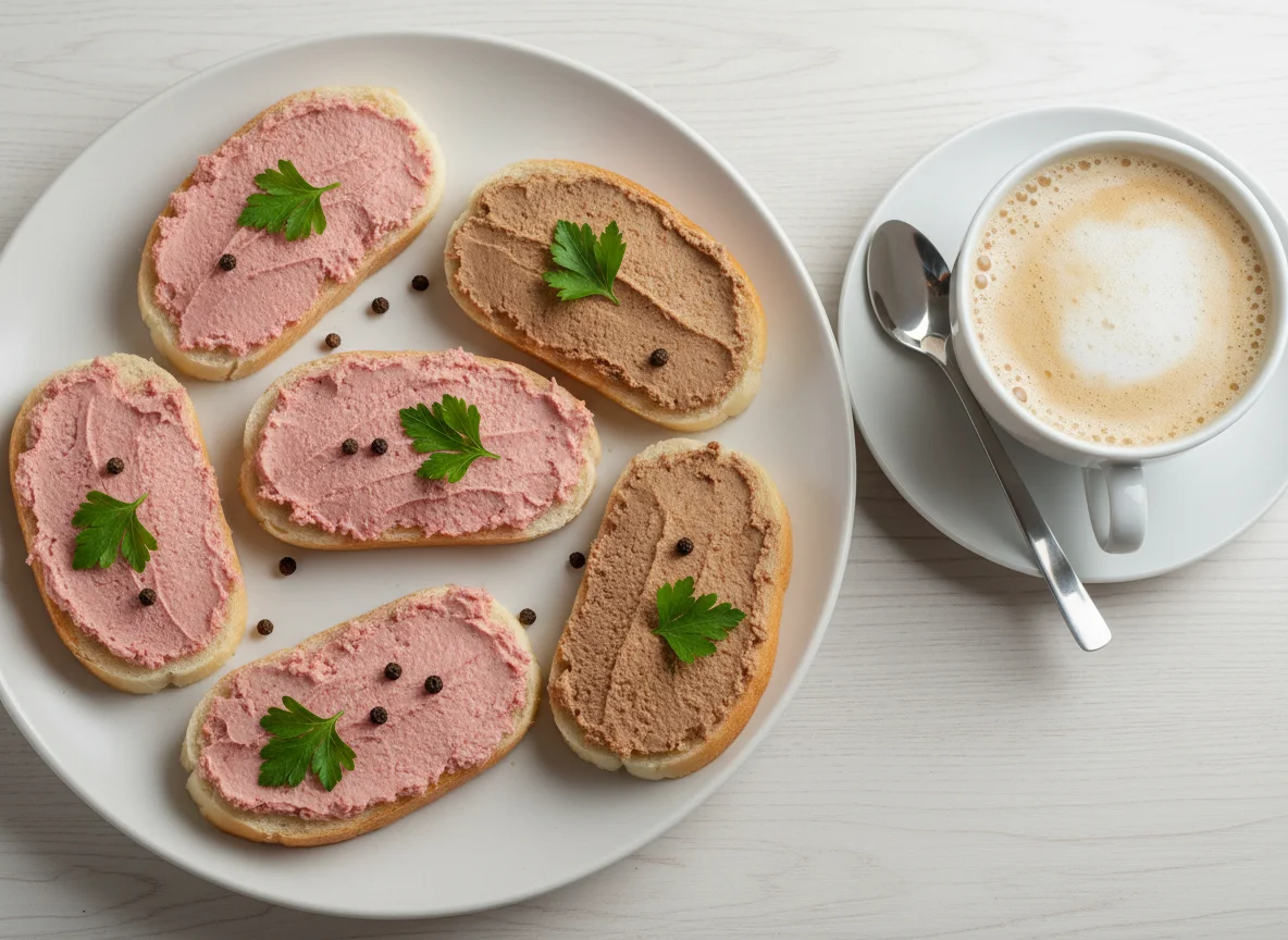 Бутерброды с паштетом и кофе с молоком photo