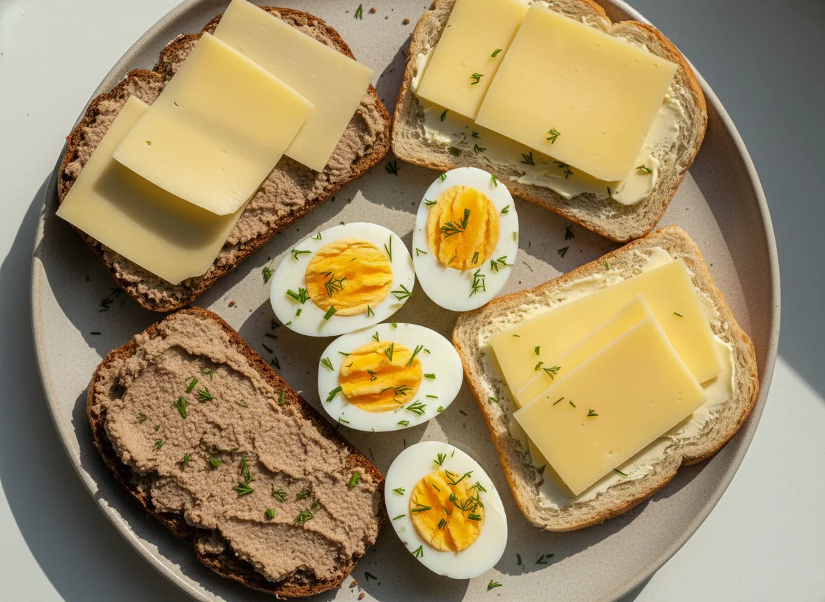 Бутерброды с паштетом и сыром, яйца photo