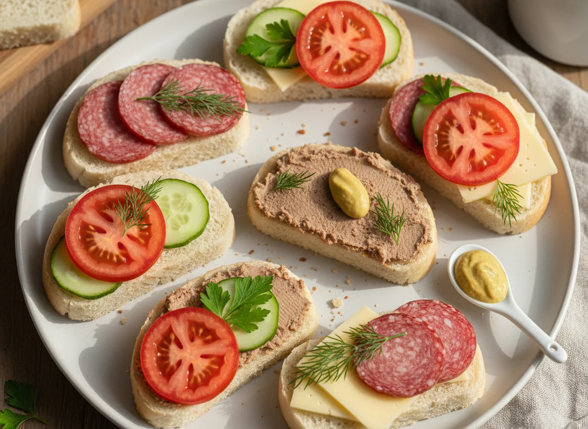 Бутерброды с паштетом, колбасой, сыром и овощами photo