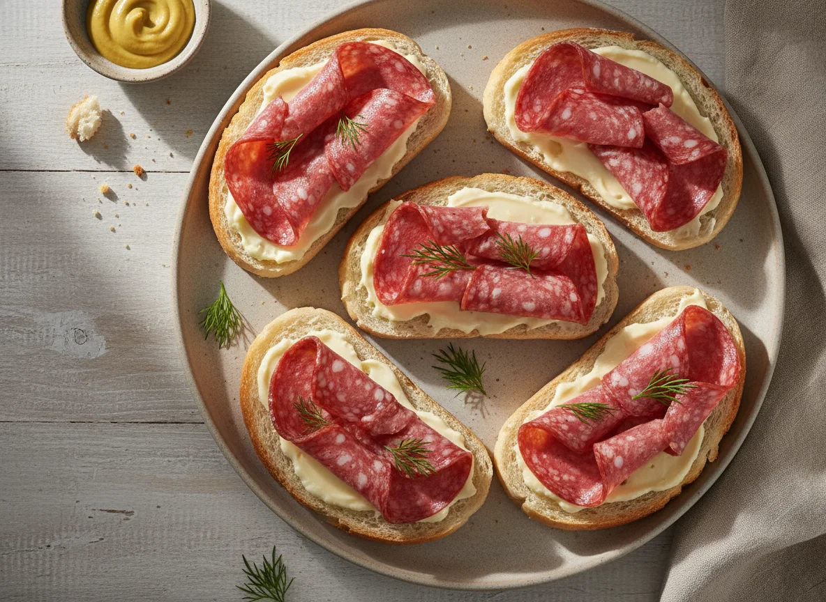 Бутерброды с плавленым сыром и колбасой photo