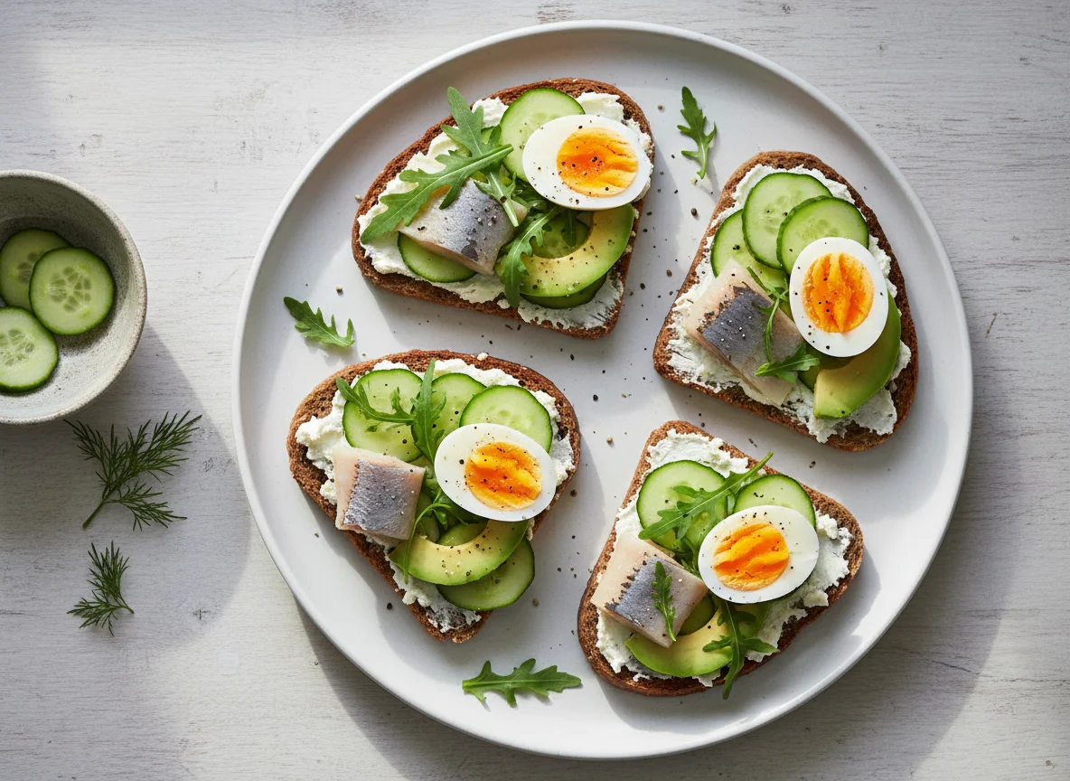 Бутерброды с сельдью, яйцом и огурцом photo