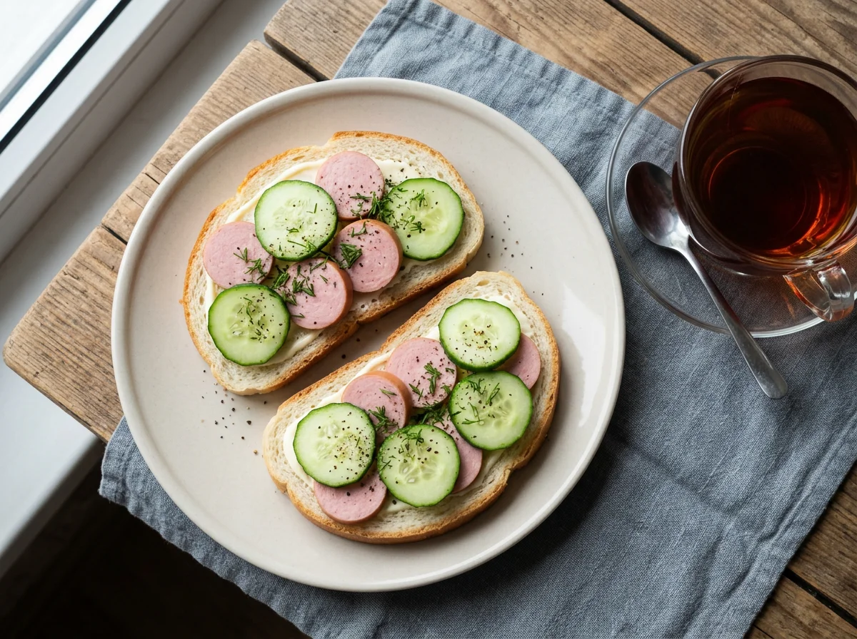 Бутерброды с сосисками и огурцами с чаем photo